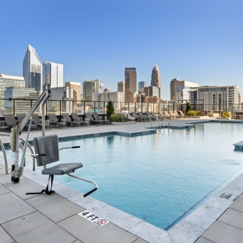Resort-style swimming pool pool with city views
